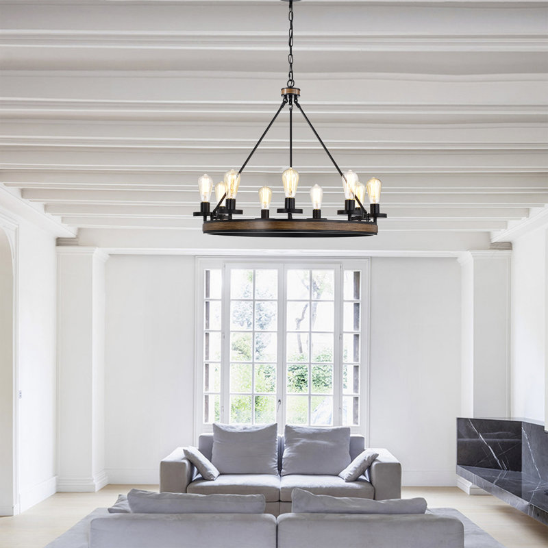 Black and Wood Grain 9-Light Wagon Wheel Chandelier