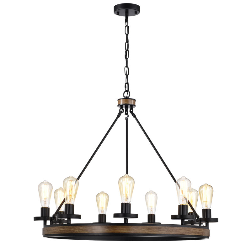 Black and Wood Grain 9-Light Wagon Wheel Chandelier