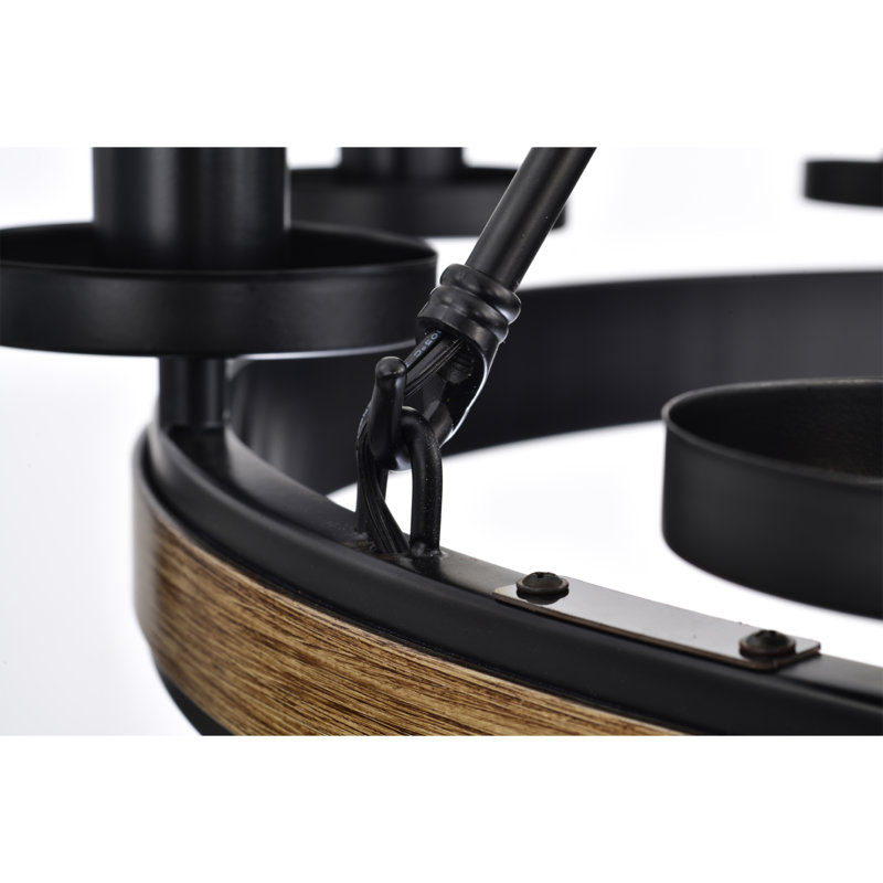 Black and Wood Grain 9-Light Wagon Wheel Chandelier