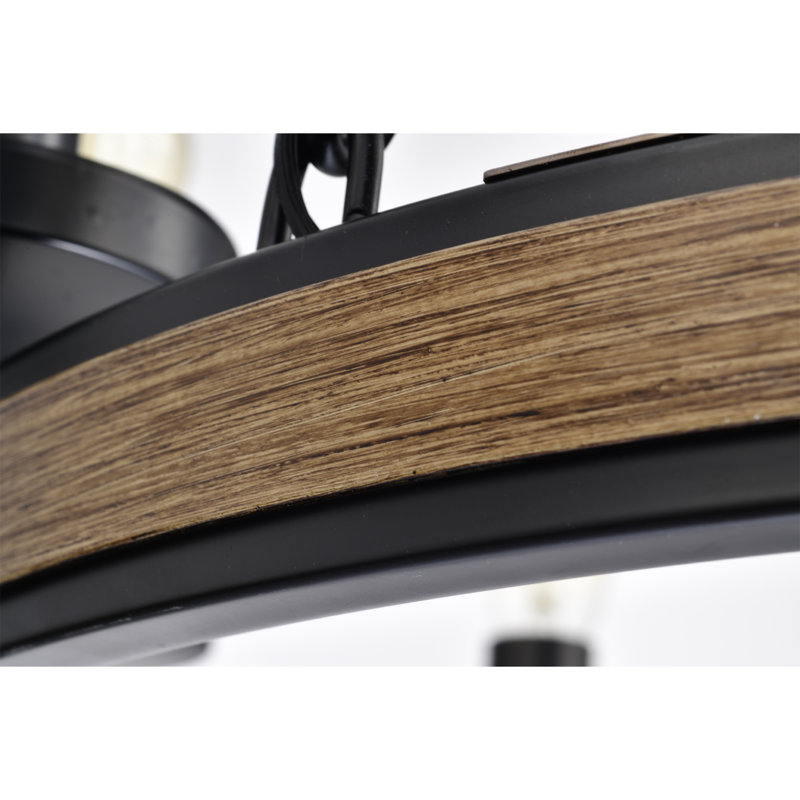 Black and Wood Grain 9-Light Wagon Wheel Chandelier