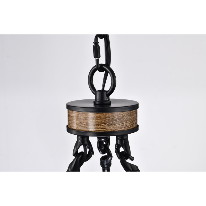 Black and Wood Grain 9-Light Wagon Wheel Chandelier