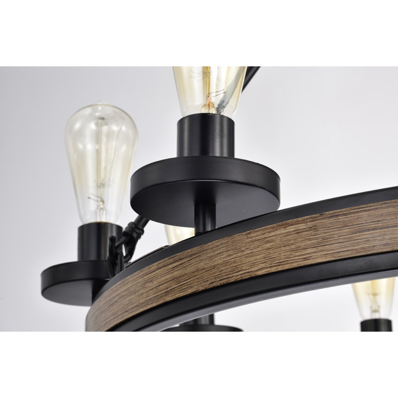 Black and Wood Grain 9-Light Wagon Wheel Chandelier