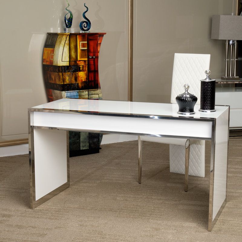 White and Silver Glass Home Office Desk with Drawers