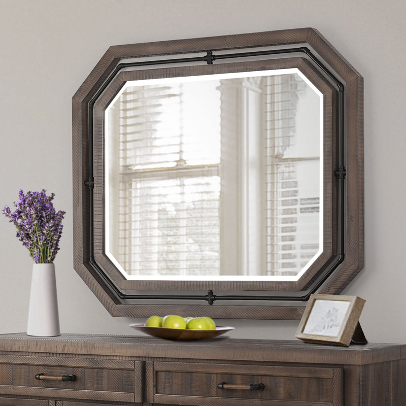 Beige Acacia Wood Transitional Wall Mirror with Metal Accents