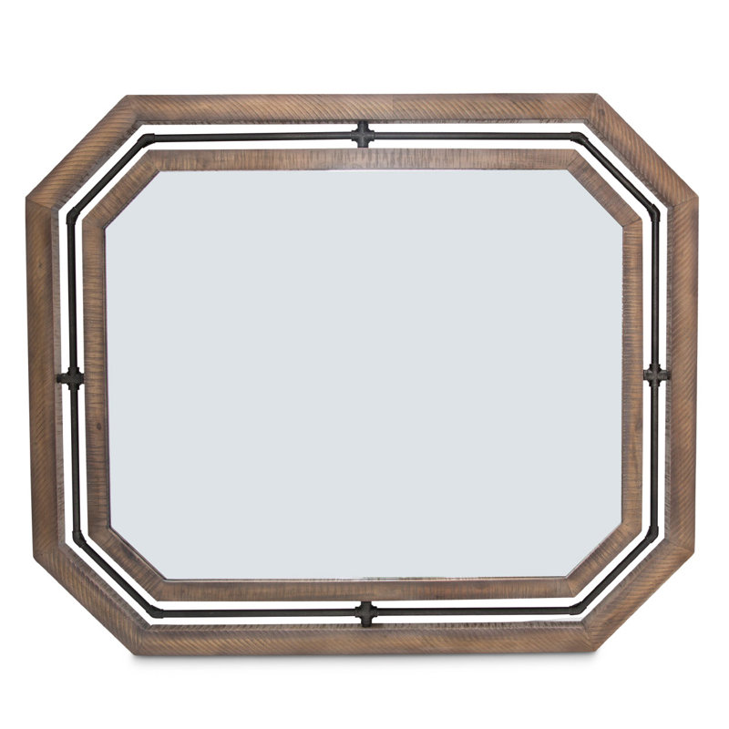 Beige Acacia Wood Transitional Wall Mirror with Metal Accents