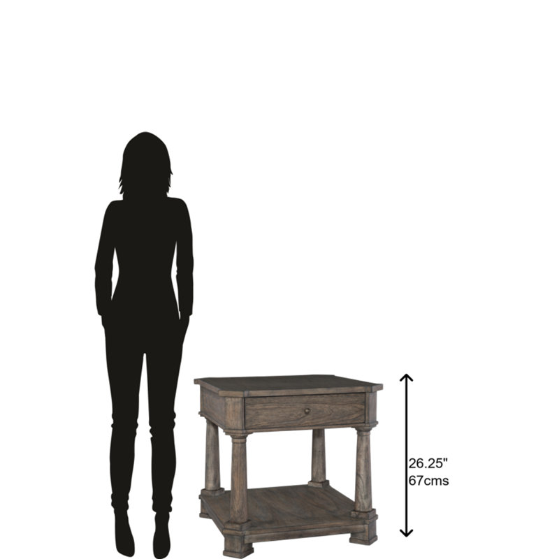 Traditional Gray-Brown Wood and Metal Drawer End Table