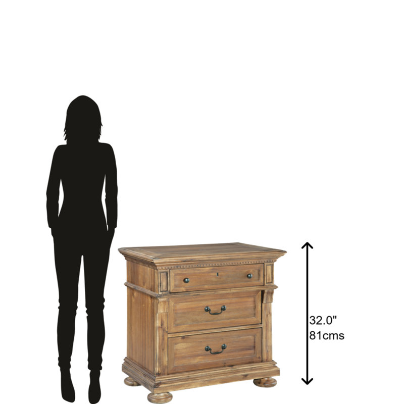 Traditional Beige 3-Drawer Nightstand with Rustic Accents