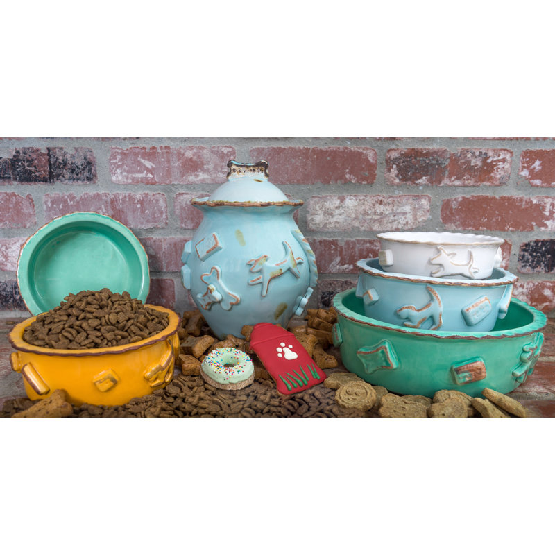 Medium Aqua Green Stoneware Dog Food and Water Bowl