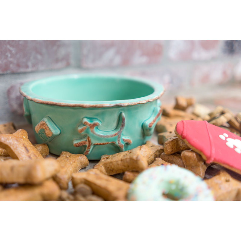 Medium Aqua Green Stoneware Dog Food and Water Bowl