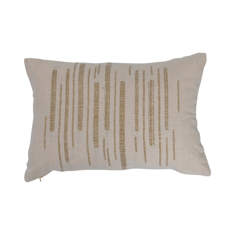 24"x16" Woven Cotton Slub Lumbar Pillow with Gold Embroidery