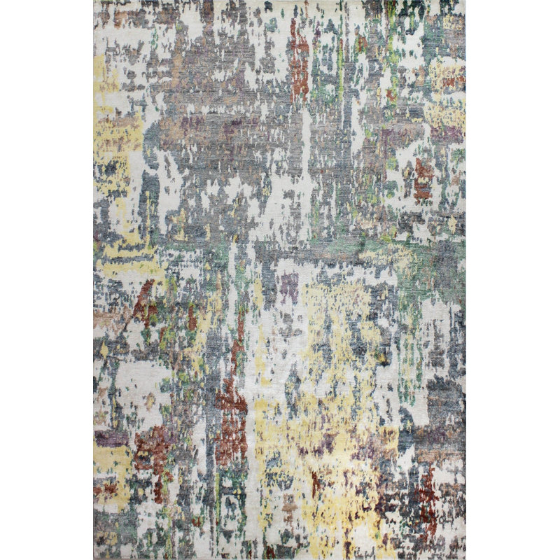 Cascade Geometric Hand-Knotted Gray Viscose 9' x 12' Rug