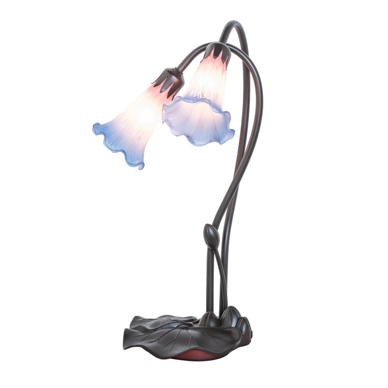 Indigo Blue and Pink Lily 2-Light Stained Glass Accent Lamp