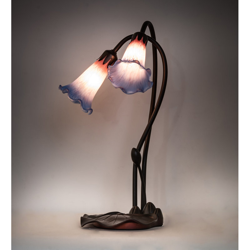 Indigo Blue and Pink Lily 2-Light Stained Glass Accent Lamp