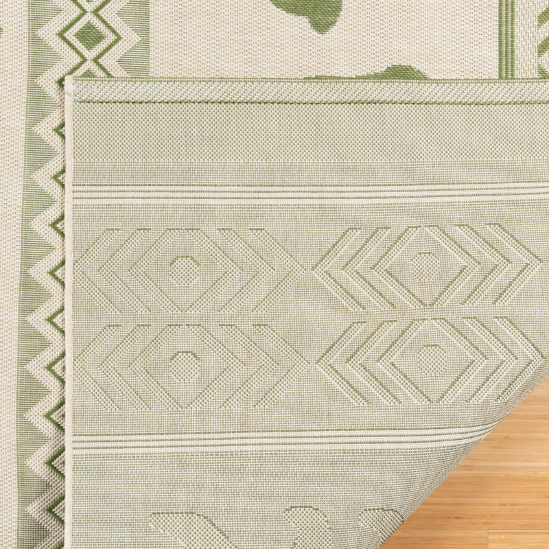 Ivory and Green Geometric Bear Flatweave Rug 8' x 10'