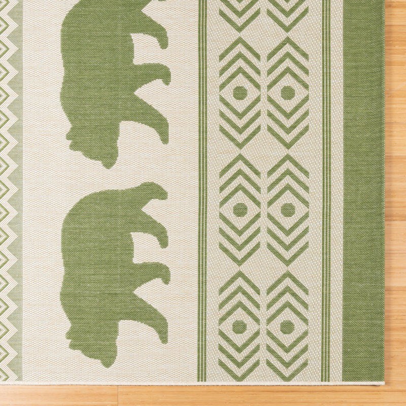 Ivory and Green Geometric Bear Flatweave Rug 8' x 10'