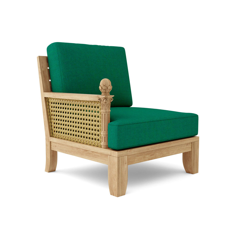 Teak and Rattan Outdoor Lounge Chair with Orange Cushions