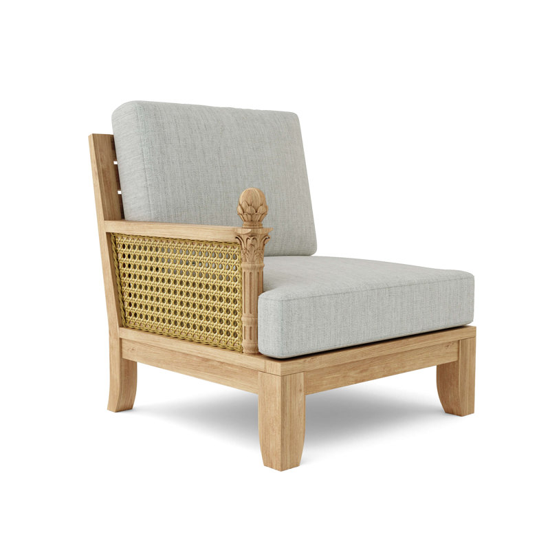 Teak and Rattan Outdoor Lounge Chair with Orange Cushions