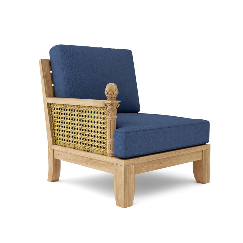Teak and Rattan Outdoor Lounge Chair with Orange Cushions