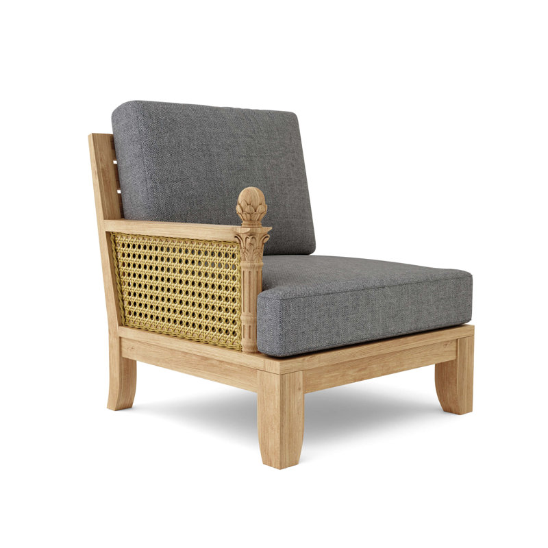 Teak and Rattan Outdoor Lounge Chair with Orange Cushions