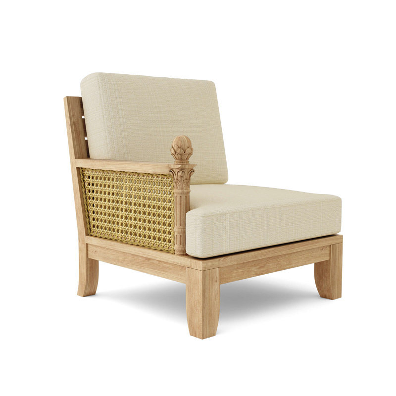 Teak and Rattan Outdoor Lounge Chair with Orange Cushions