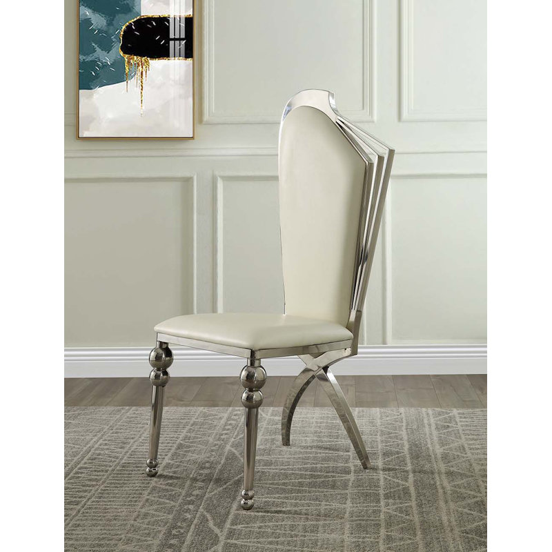 Elegant Beige Faux Leather Side Chair with Chrome Metal Frame
