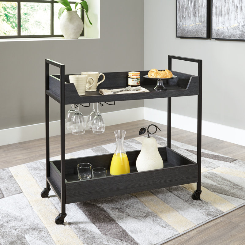 Transitional Black and Gray Bar Cart with Wine Rack and Storage