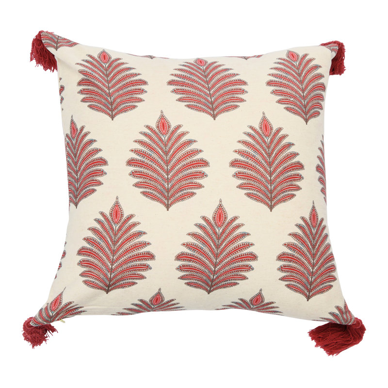 Red and Beige Cotton Fern Pattern Throw Pillow Cover