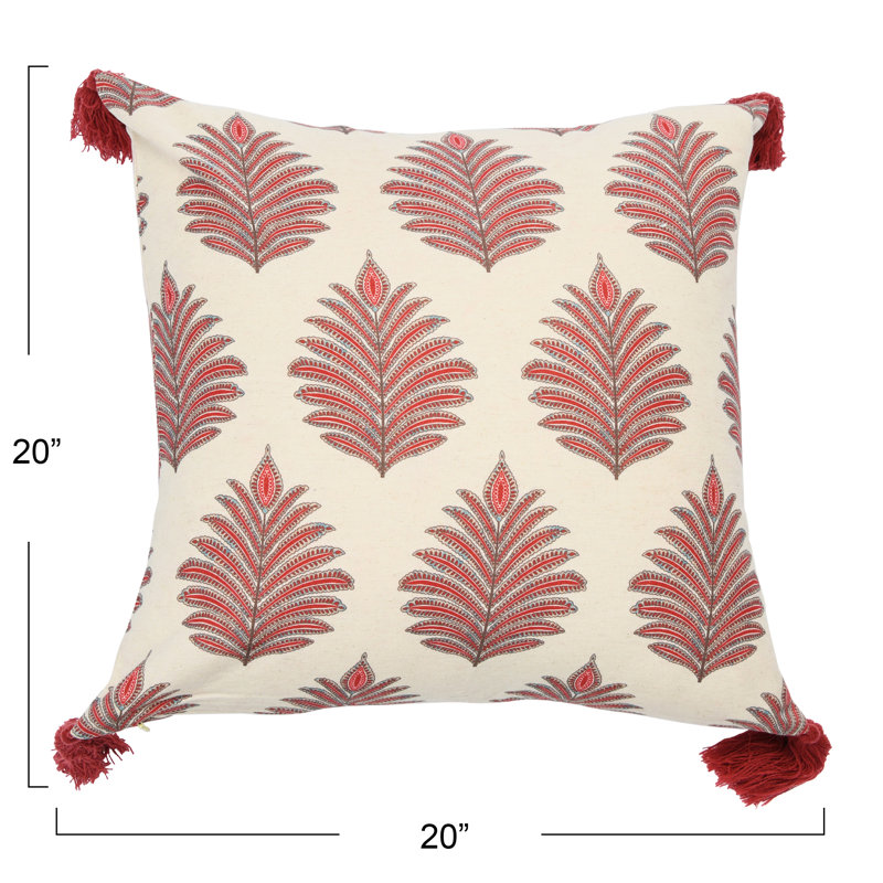 Red and Beige Cotton Fern Pattern Throw Pillow Cover