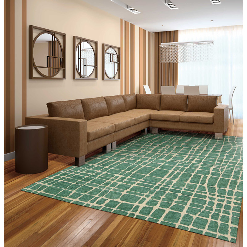 Turquoise Green Hand-Knotted Wool Abstract 7'9" x 9'9" Area Rug