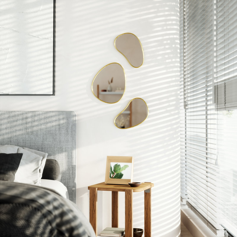 Set of 3 Whimsical Pebble Wall Mirrors in Brass Finish