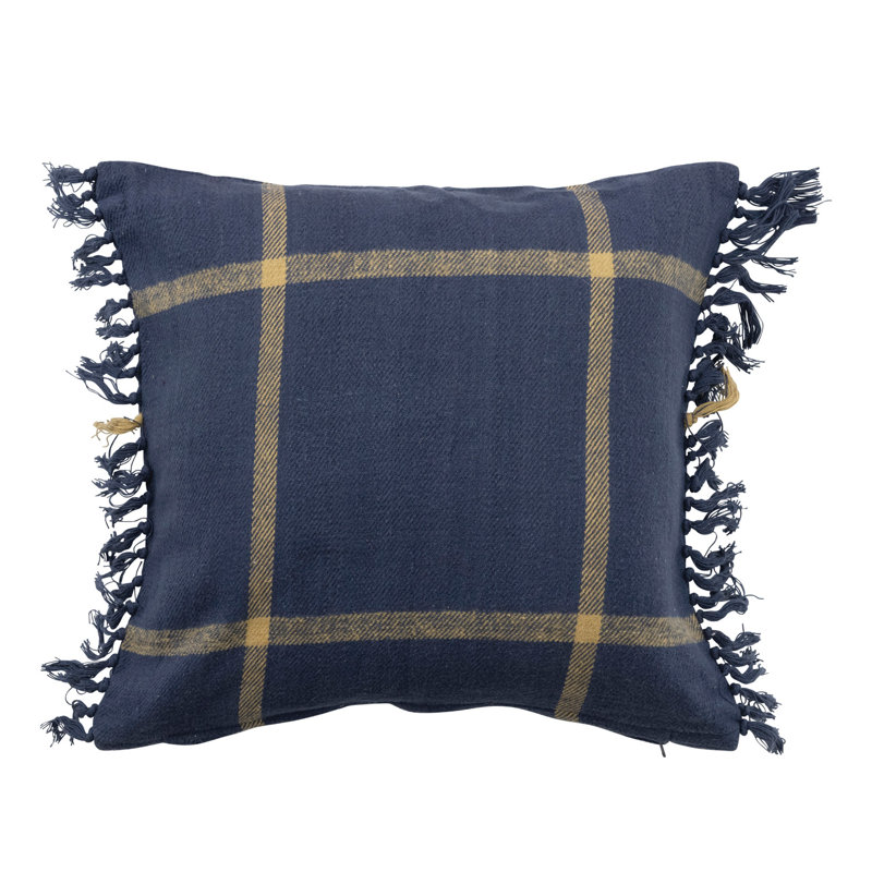 Blue Cotton Flannel Plaid Fringe Throw Pillow, 18" Square