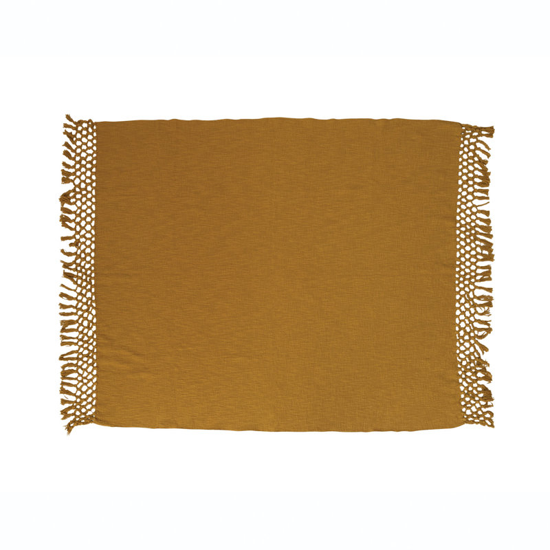 Yellow Crocheted Cotton Throw Blanket with Fringe