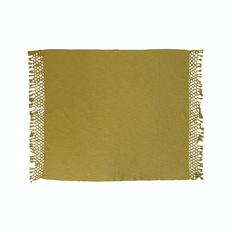 Green Cotton Crocheted Throw Blanket with Fringe