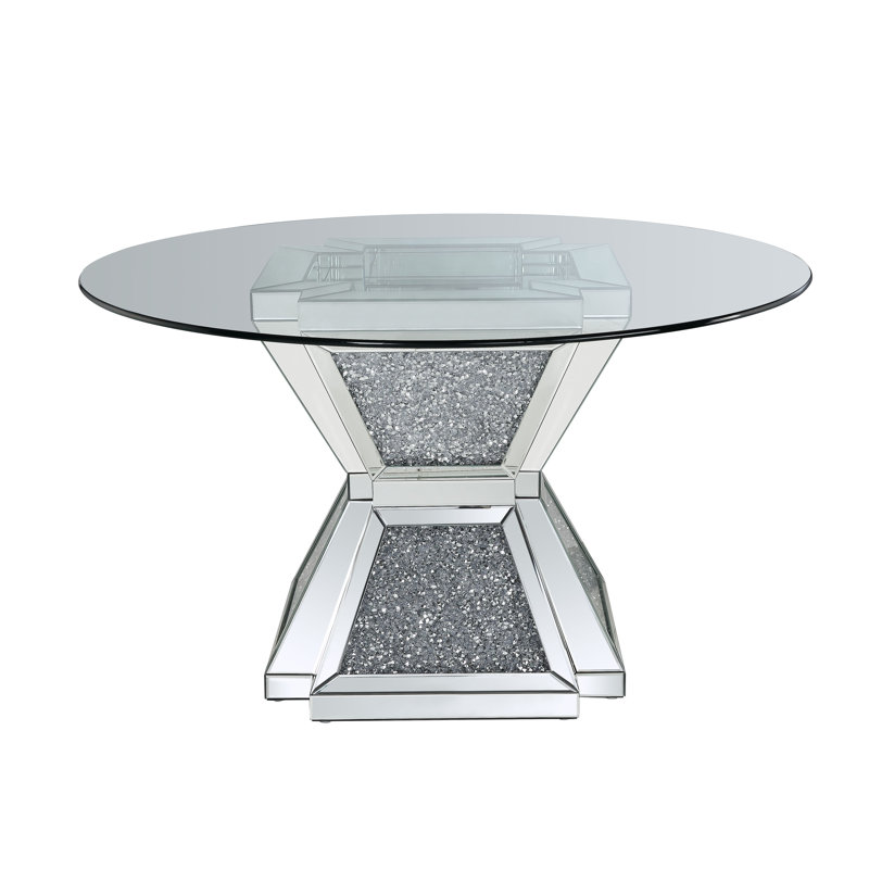 Elegant 52" Round Glass Dining Table with Mirrored Diamond Pedestal