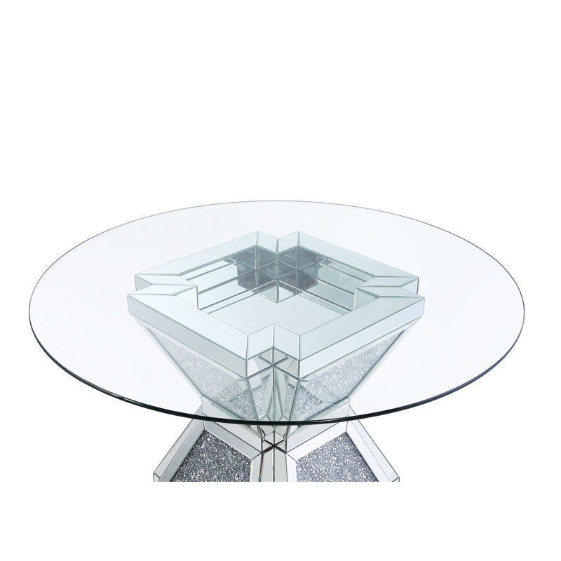 Elegant 52" Round Glass Dining Table with Mirrored Diamond Pedestal