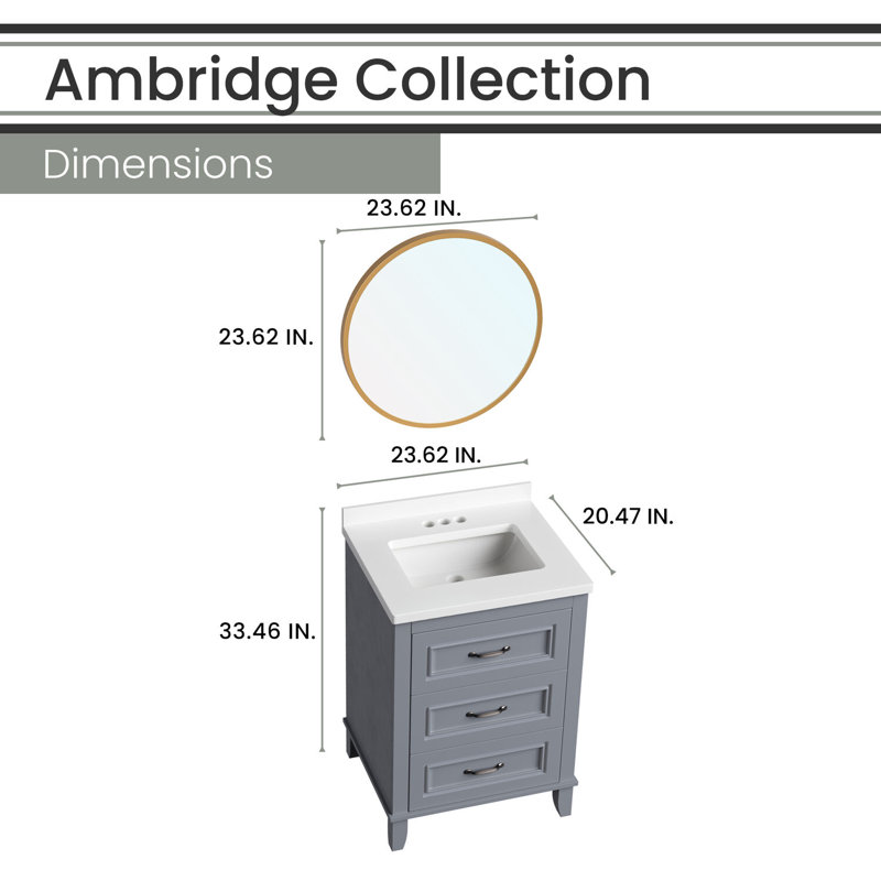 Ambridge 24'' White Engineered Stone Vanity Set with Gold-Framed Mirror