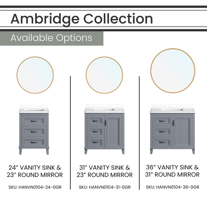Ambridge 24'' White Engineered Stone Vanity Set with Gold-Framed Mirror