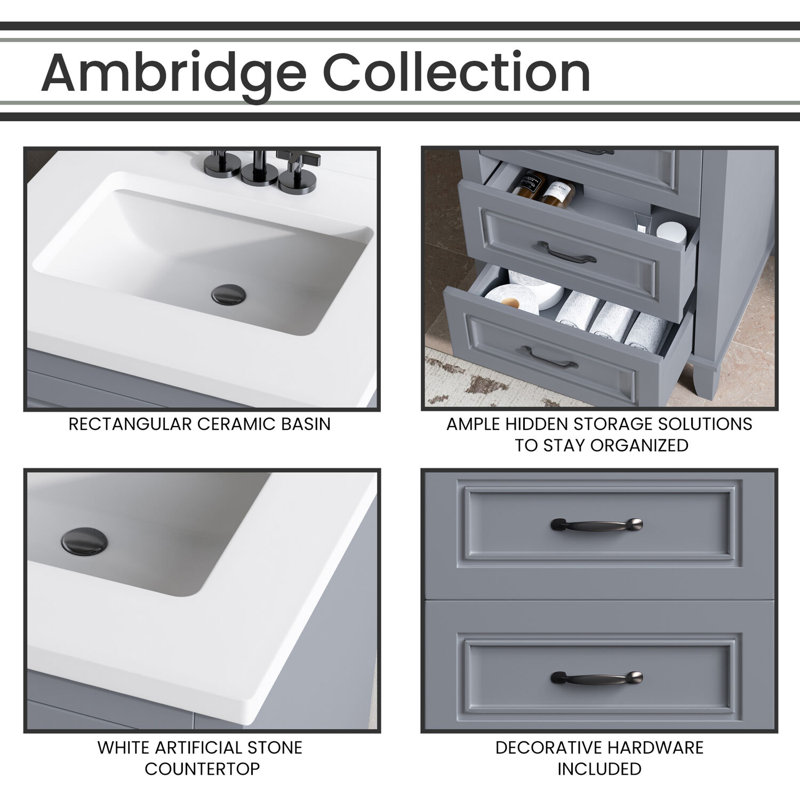 Ambridge 24'' White Engineered Stone Vanity Set with Gold-Framed Mirror