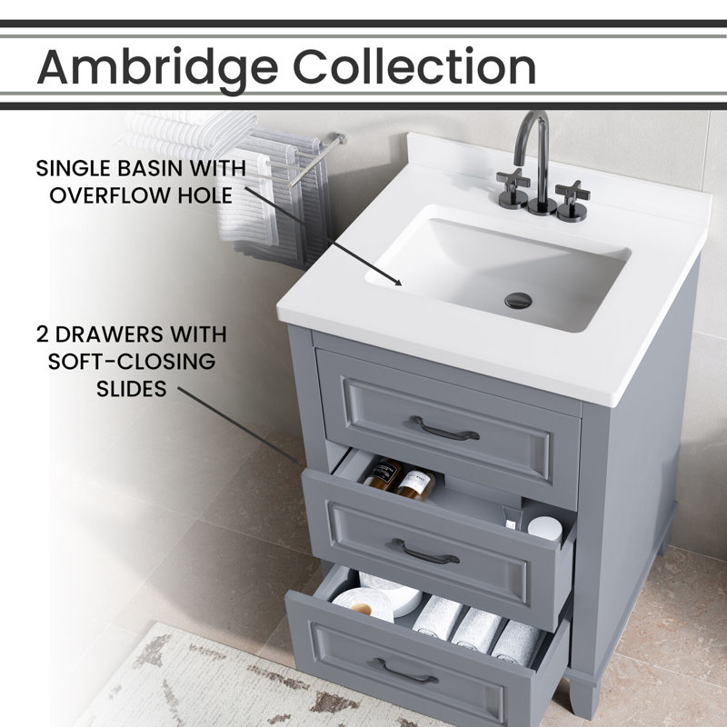 Ambridge 24'' White Engineered Stone Vanity Set with Gold-Framed Mirror