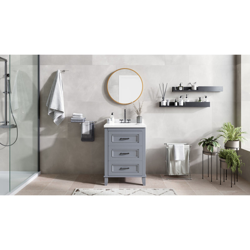 Ambridge 24'' White Engineered Stone Vanity Set with Gold-Framed Mirror
