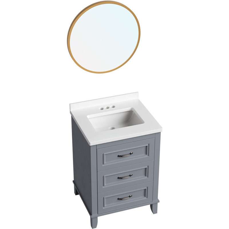 Ambridge 24'' White Engineered Stone Vanity Set with Gold-Framed Mirror