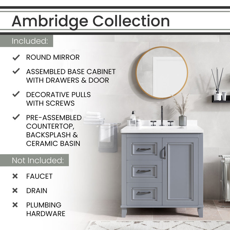 31" Black and Maple Engineered Stone Vanity Cabinet with Mirror