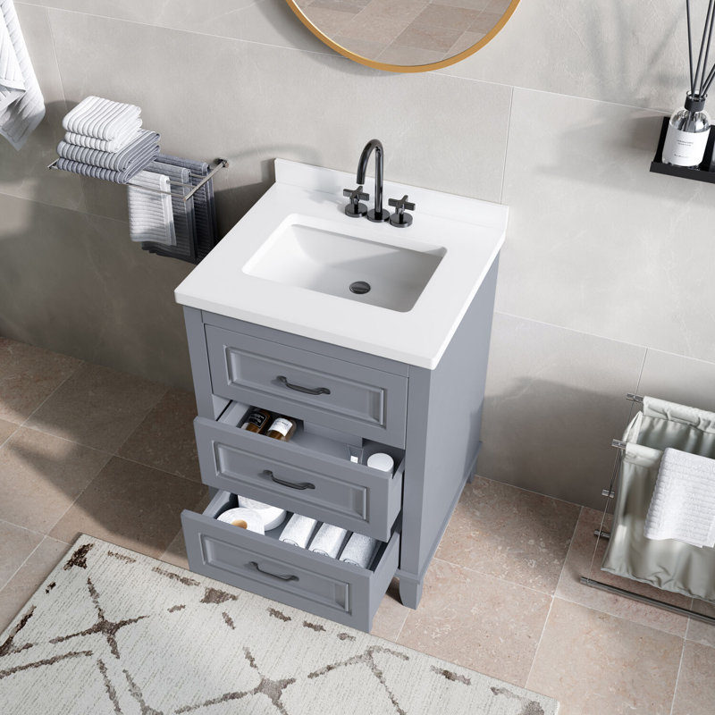 Ambridge 24'' White Engineered Stone Vanity Set with Gold-Framed Mirror