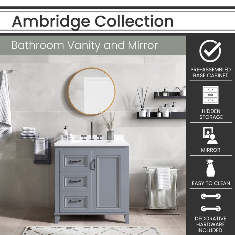 31" Black and Maple Engineered Stone Vanity Cabinet with Mirror