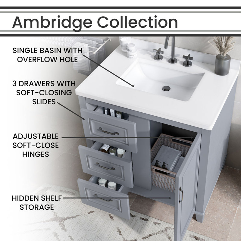 31" Black and Maple Engineered Stone Vanity Cabinet with Mirror