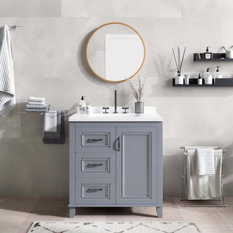 31" Black and Maple Engineered Stone Vanity Cabinet with Mirror