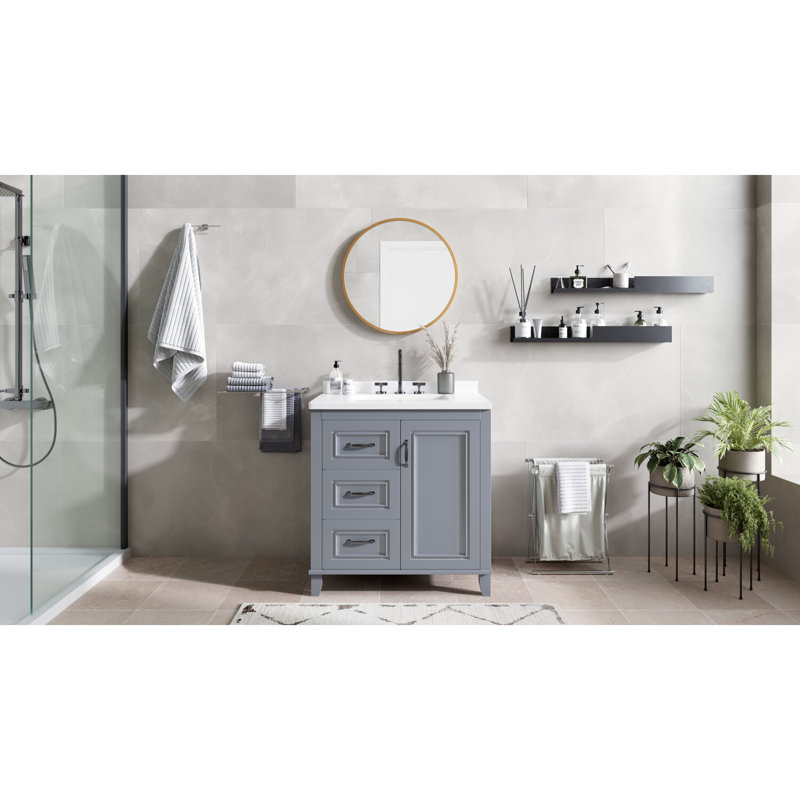 31" Black and Maple Engineered Stone Vanity Cabinet with Mirror