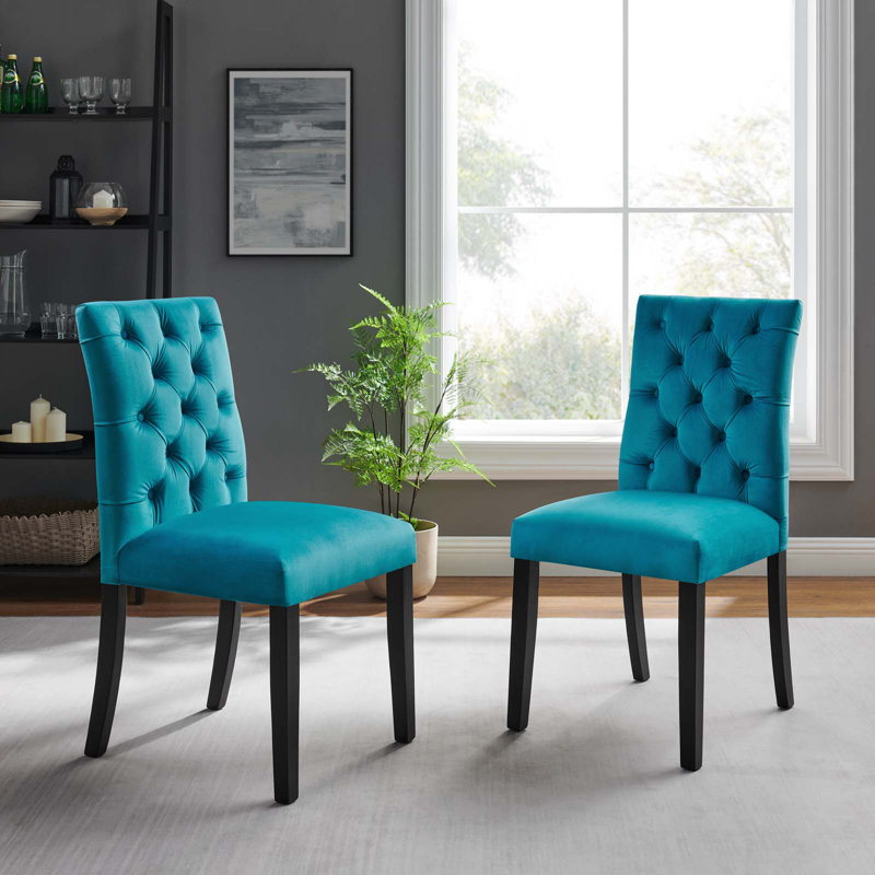 Blue Velvet Upholstered Wood Side Chair, 25" x 19" x 38"