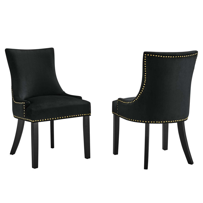 Marquis Hourglass Black Velvet Upholstered Side Chair with Wood Legs