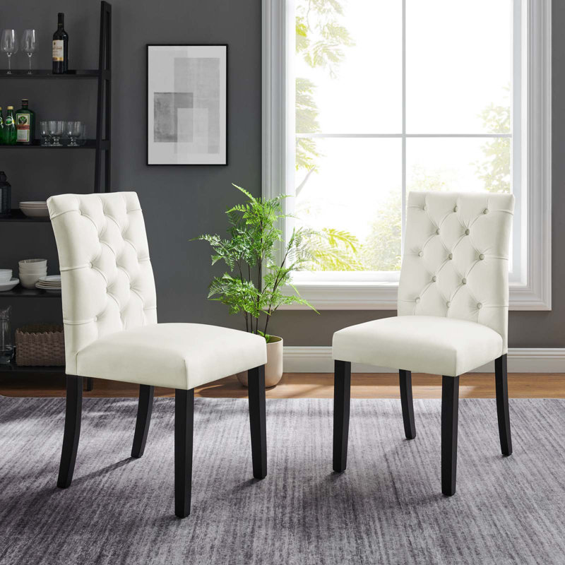 White Velvet Upholstered Dining Chairs with Wood Legs - Set of 2